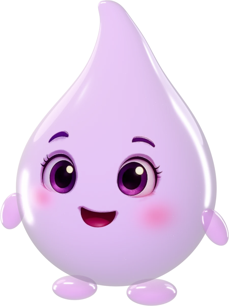A Flu, gotinha lilás mascote do Fluir, acenando